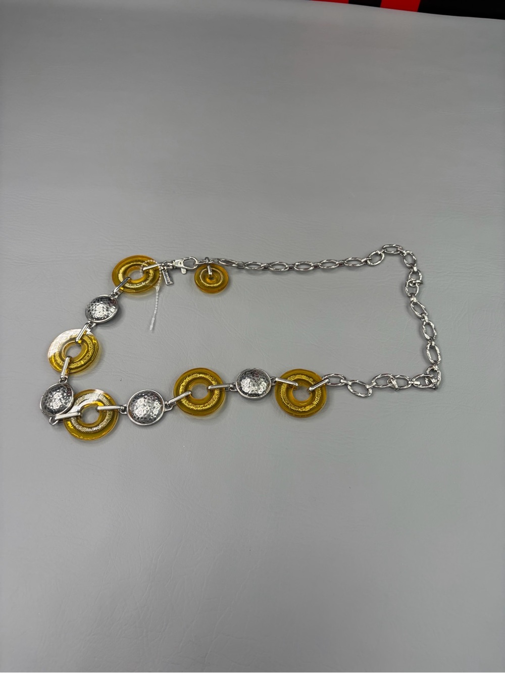 Chico’s Yellow and Silver tone hammered Statement Belt w gold accent. Boho.